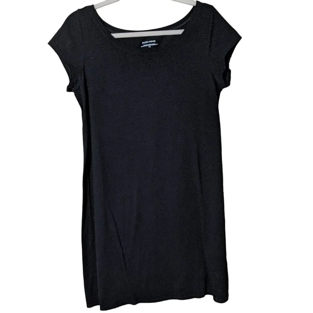 Eileen Fisher black tshirt dress stretch cap sleeves size Large